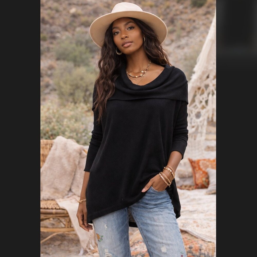 Free People Juicy Top M Black Waffle Knit Open Back Cowl Neck Oversized Boho NWT